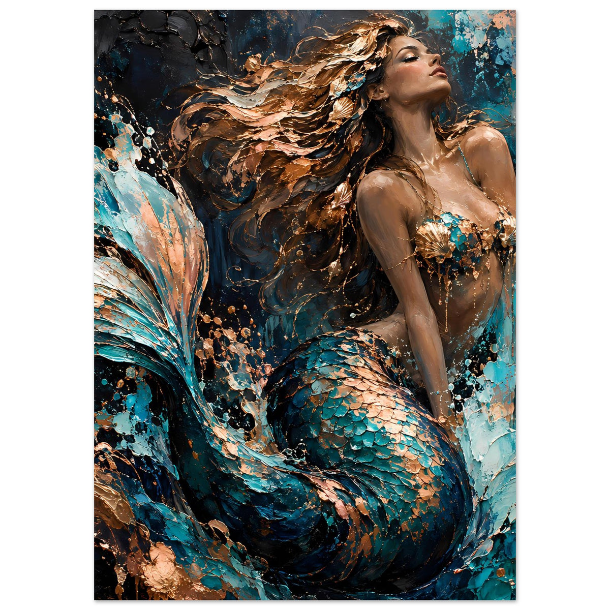 Fantasy-Kunstposter mit Meerjungfrau, türkis-blaue Schuppen, kupferfarbenes Haar, Armdetails