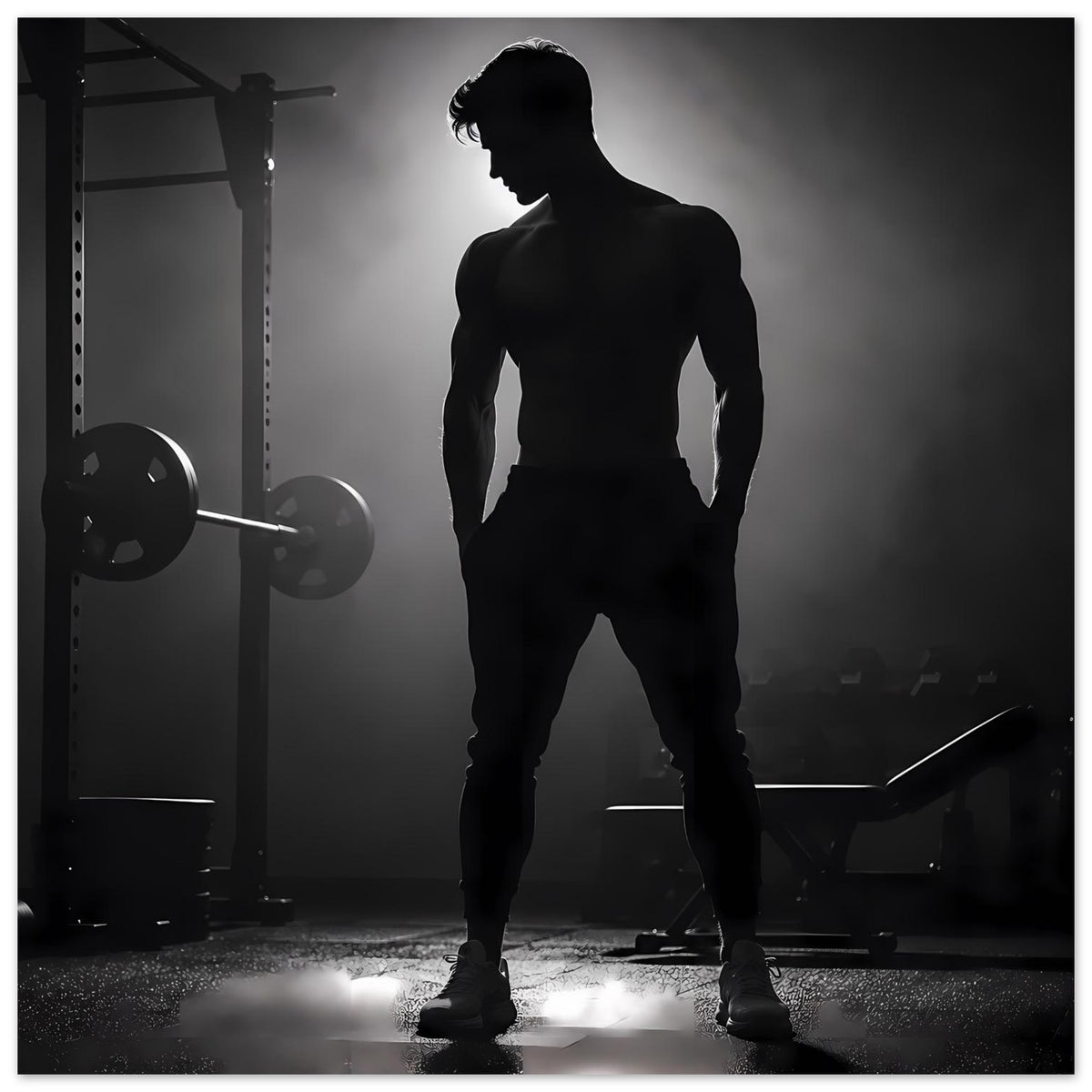 Gerahmter Fitnessposterprint: schwarze Silhouette eines Mannes im Seitenprofil, Ganzkörper
