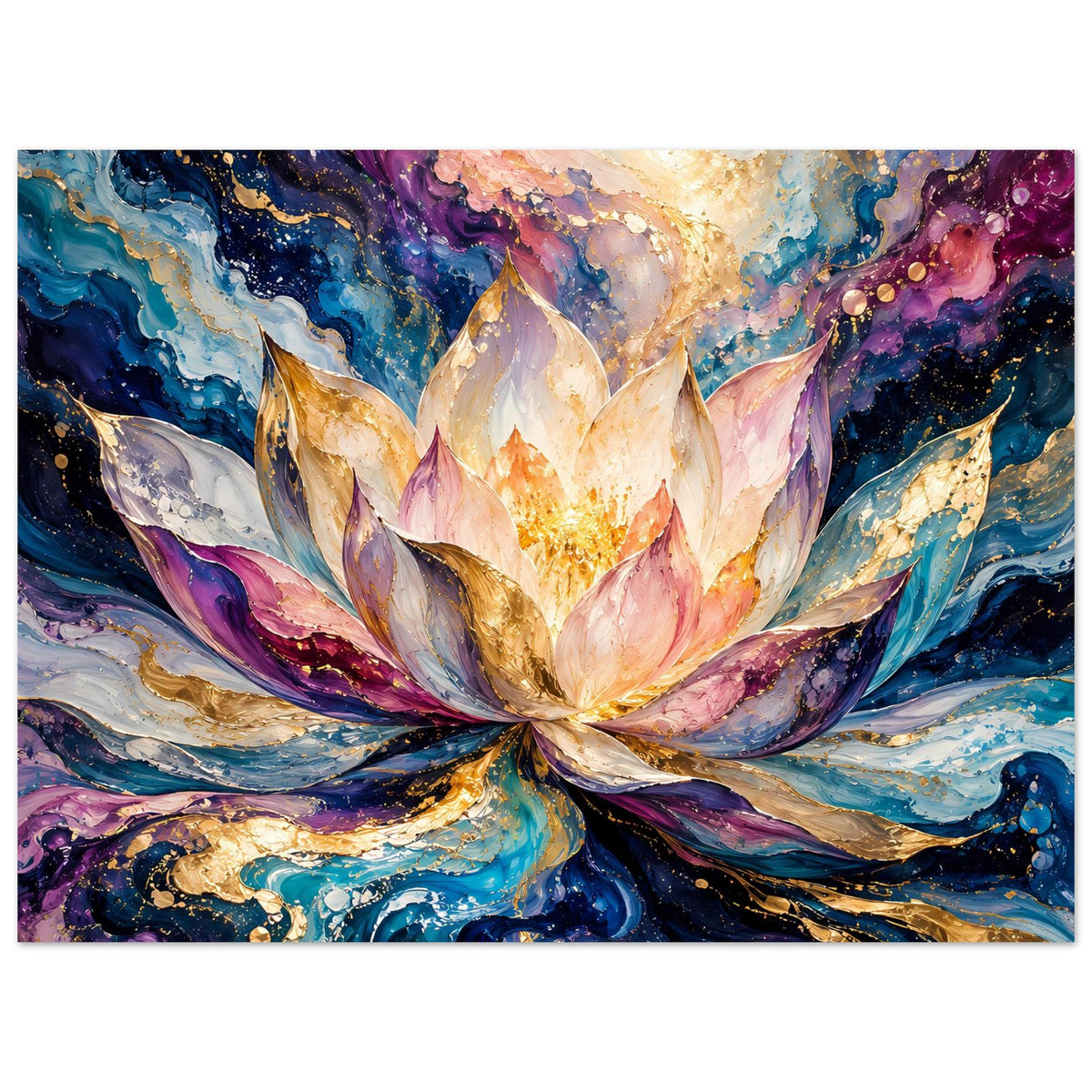 Horizontales Blumenposter, große Lotusblüte, blaue Strömungen und goldene Funken