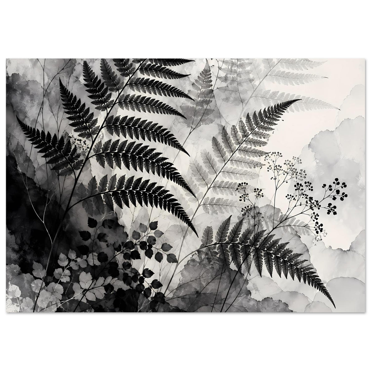 Botanisches Kunstposter mit Farnblättern und feinen Zweigen in Schwarzweiß, im Querformat