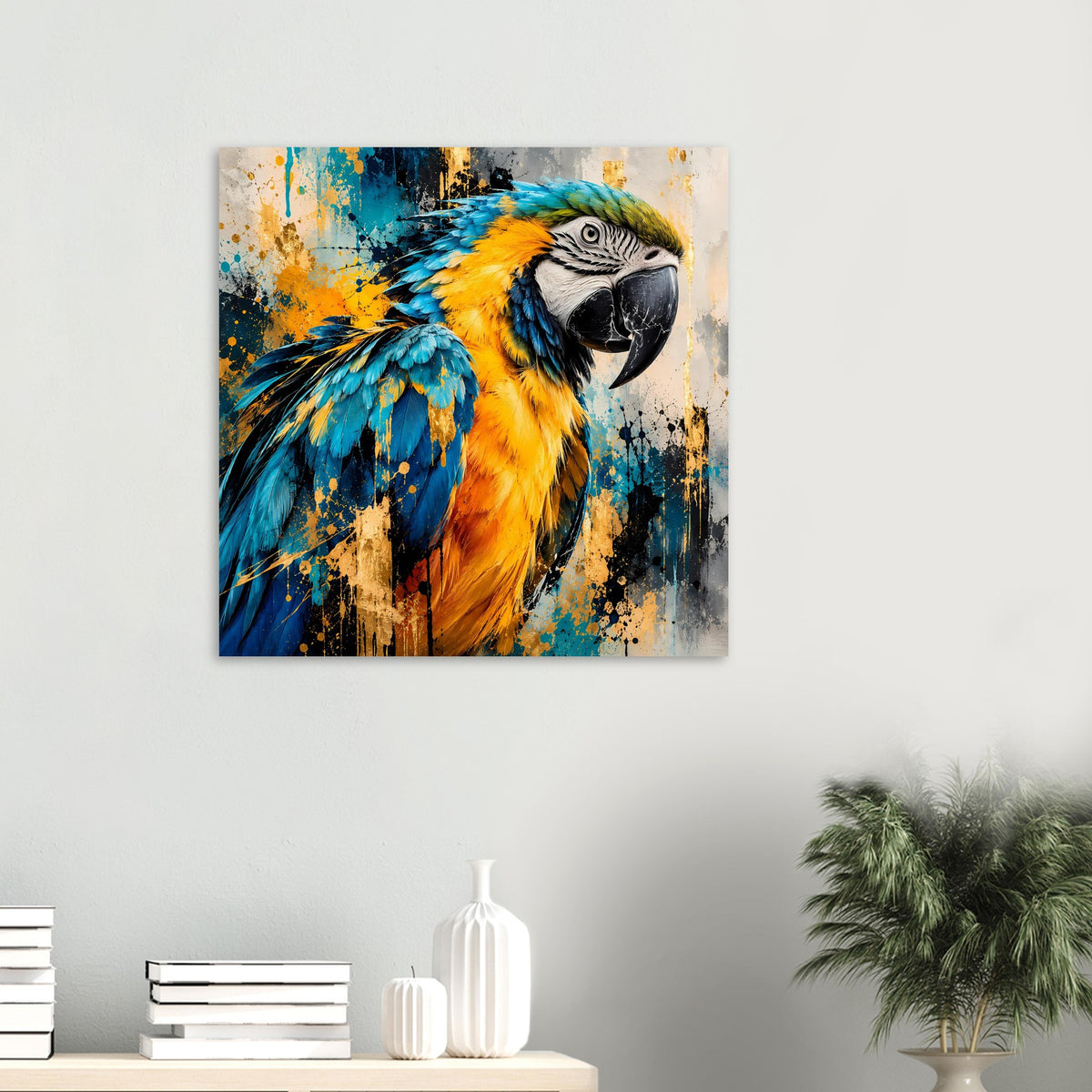 Parrot-Kunstposter: kleines Papagei-Porträt mit schwarzem Schnabel und bunten Federn