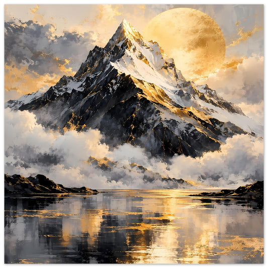 Poster mit Berglandschaft, großer goldener Sonne und Spiegelung im See
