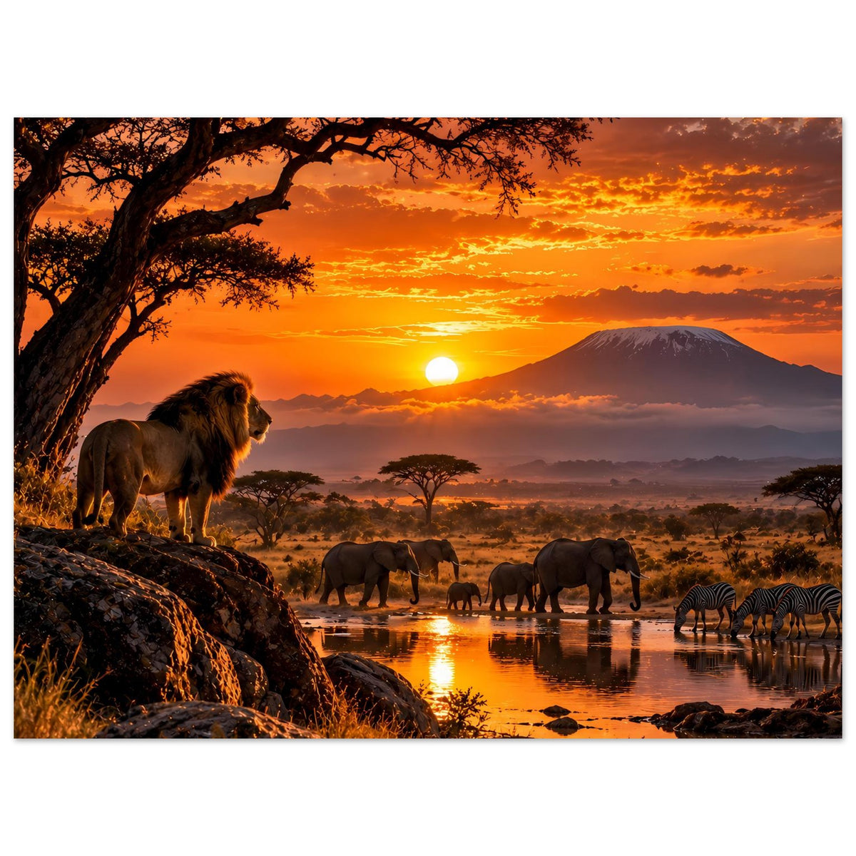 Afrika-Safari-Sonnenuntergangs-Poster, quadratisch: Löwe am Felsen, Elefanten am Wasserloch