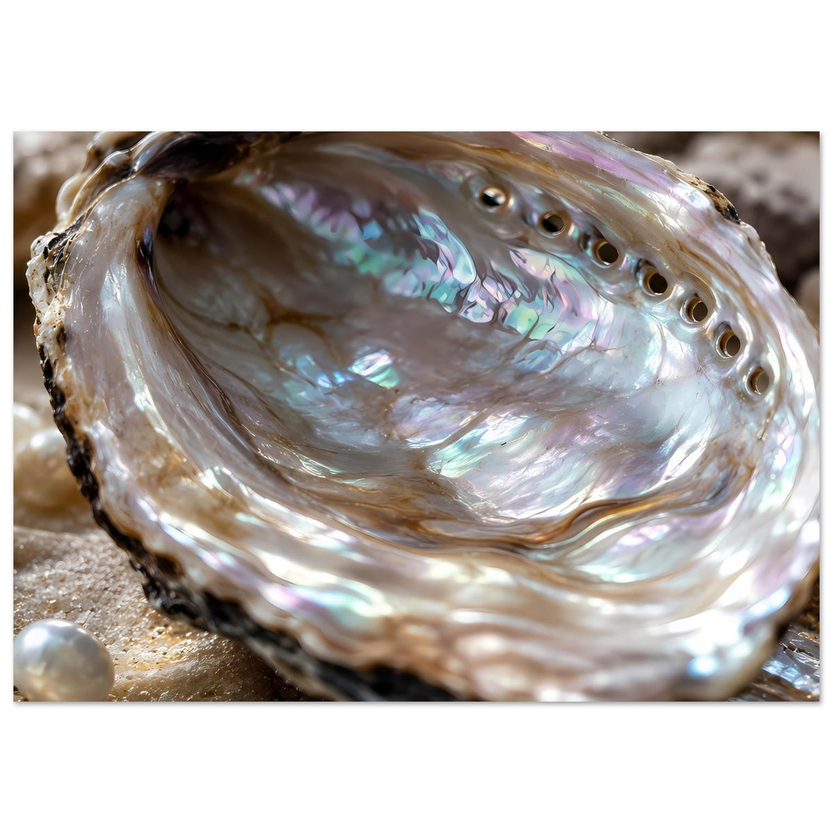 Poster mit schillernder Abalone-Muschel, Perlmuttglanz und dunklem Rand