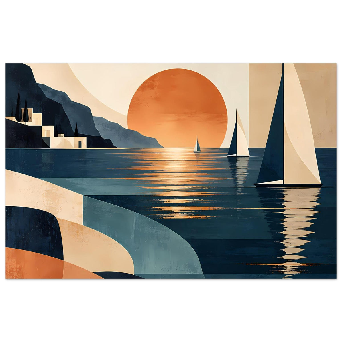 Landschaftsposter: Segelboote, Abendsonne und Meer in Blau-Orange, Querformat