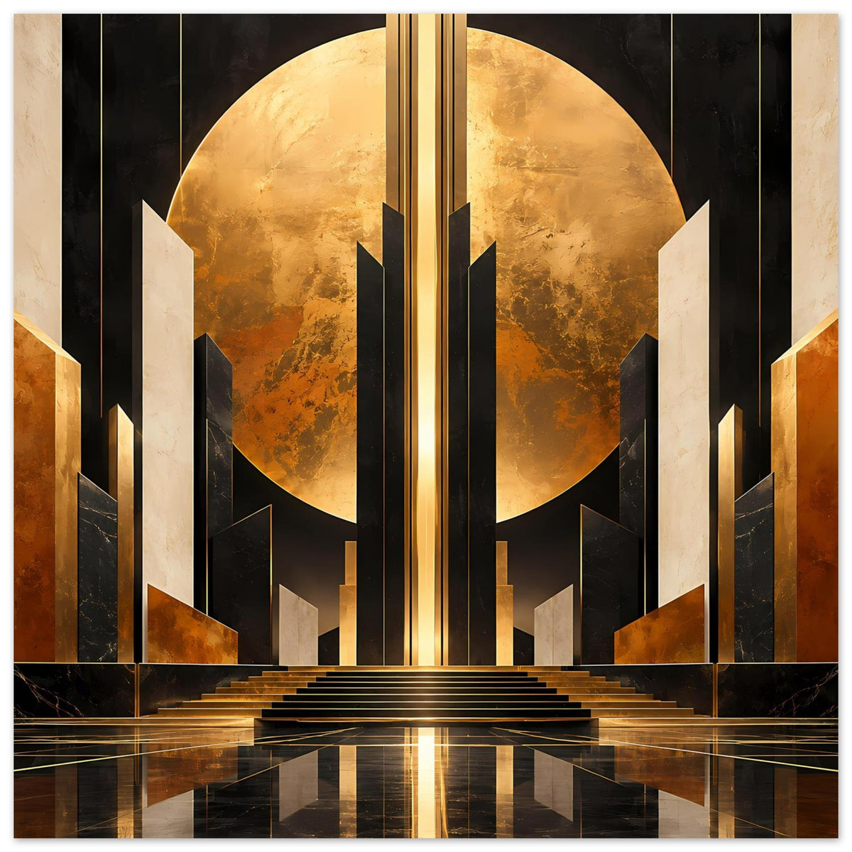 Art-Déco-Poster mit goldenem Mond, schwarzen Säulen und geometrischer Architektur