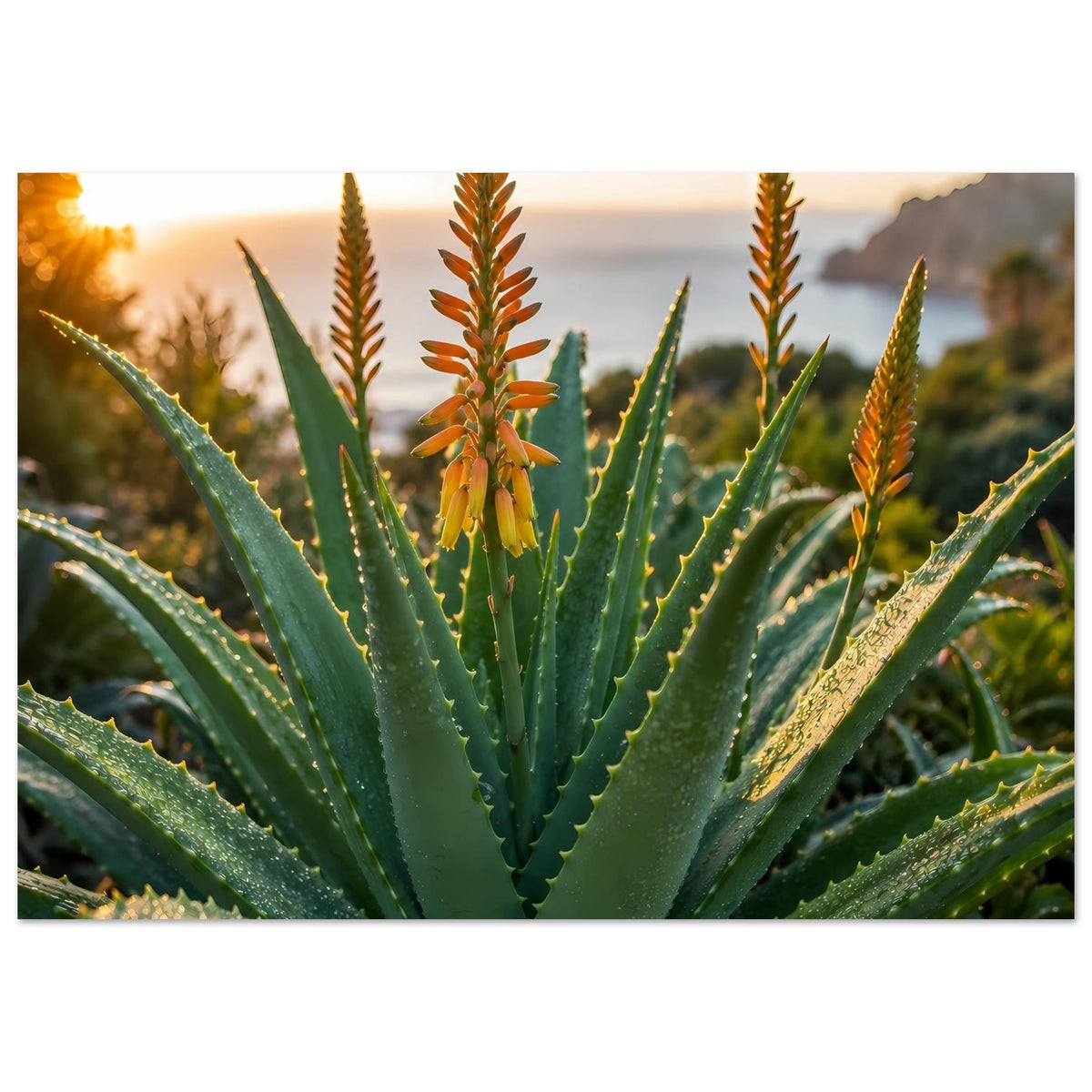 Poster mit grüner Aloe-Pflanze und orangefarbenen Blütenständen im Detail