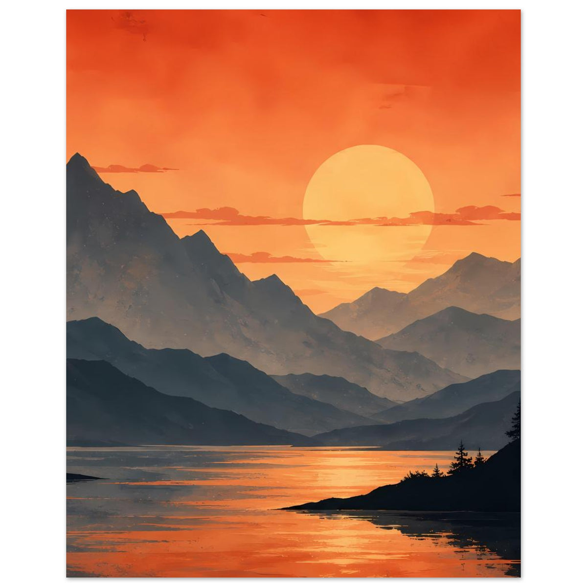 Poster mit orangefarbenem Himmel, runder gelber Sonne und dunklen Bergschatten am Wasser