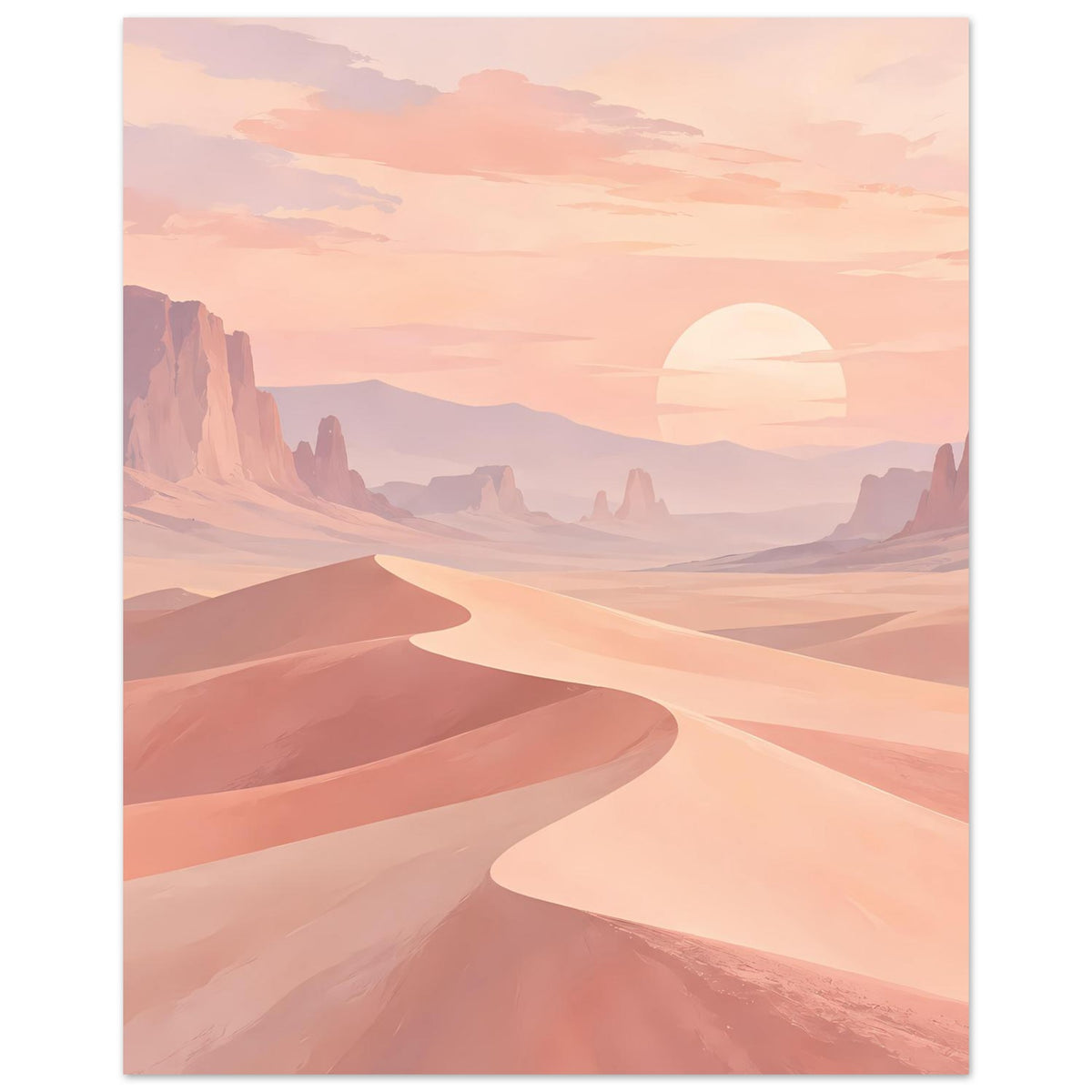 Poster mit Sanddünen im Abendlicht, weit entfernten Bergen und großer Sonnenform