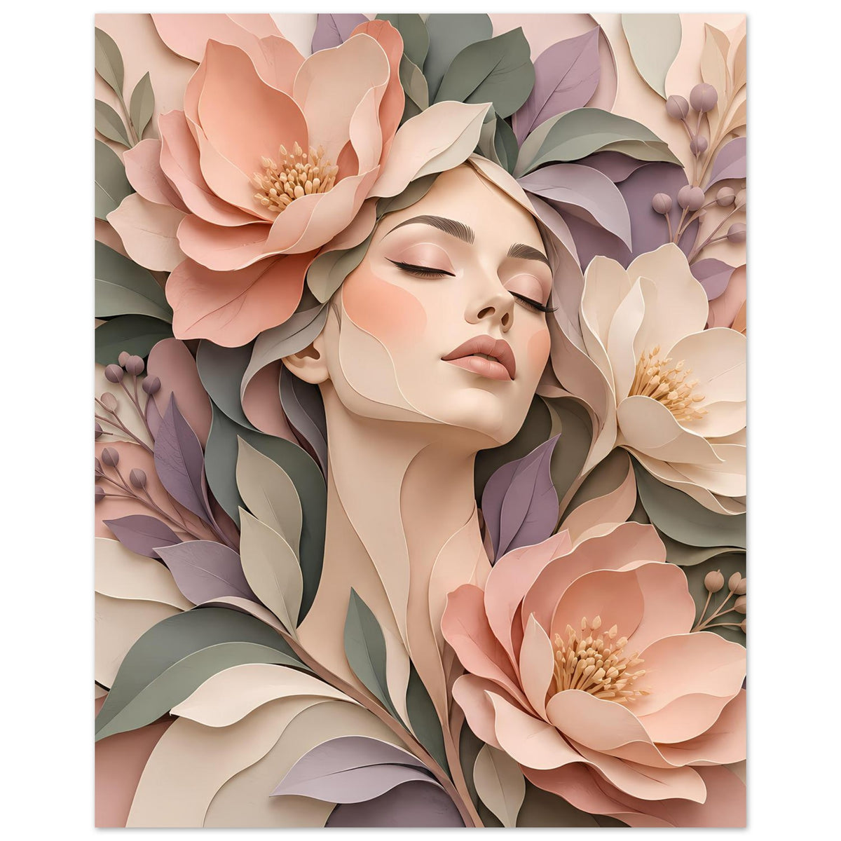 Blumiges Portraitposter im Hochformat: Frauengesicht mit pfirsichfarbenen und lila Blüten