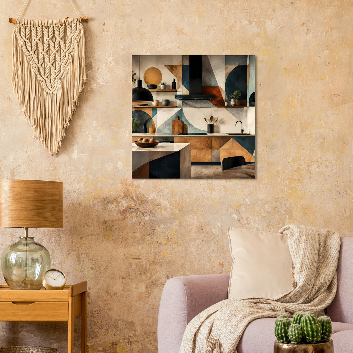 Geometrisches Küchenkunstposter mit abstrakter Küchenansicht, quadratisch