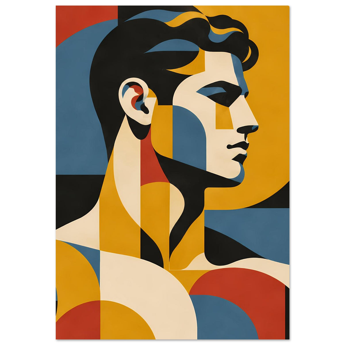 Bauhaus-inspiriertes Porträtposter: Profilporträt mit schwarzem Haar und gelbem Hintergrund, geometrisch