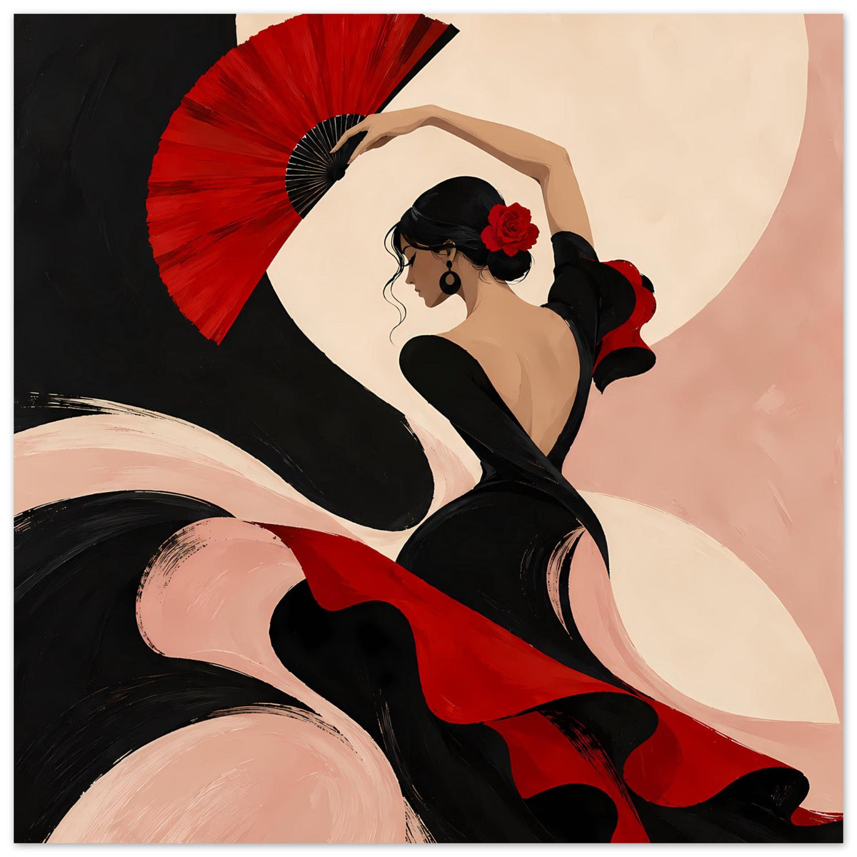 Flamenco-Tänzerin Poster mit rotem Faltenrock und rotem Fächer über dem Arm