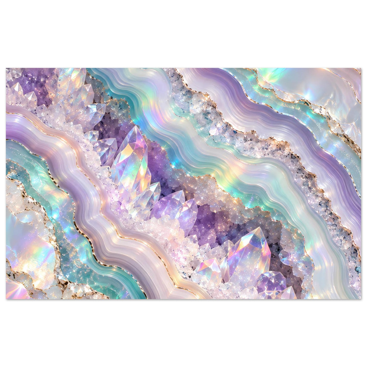 Holografisches Geode-Kristall-Poster im Querformat mit violetten, türkisfarbenen und regenbogenfarbenen Adern