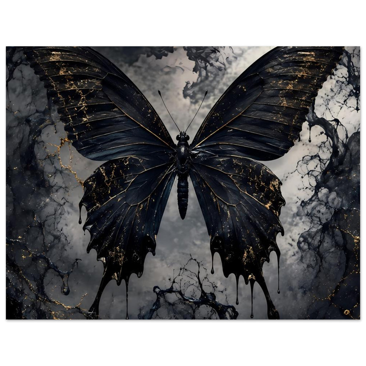 Poster mit schwarzem Schmetterling und goldenen Adern, klare Symmetrie, Flügel offen