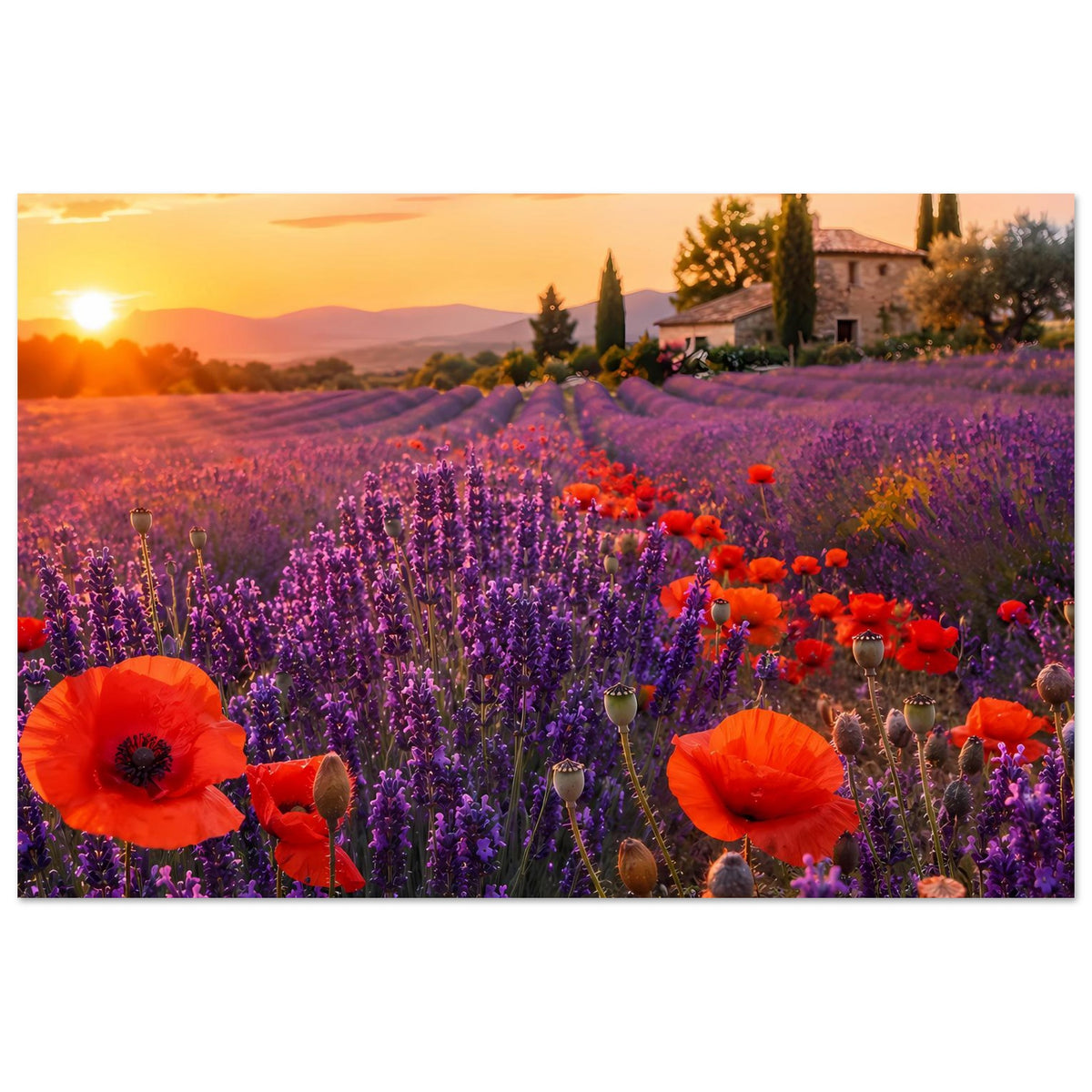 Blumenposter, Querformat: Lavendelfeld mit orangefarbenem Mohn und kleinem Landhaus rechts