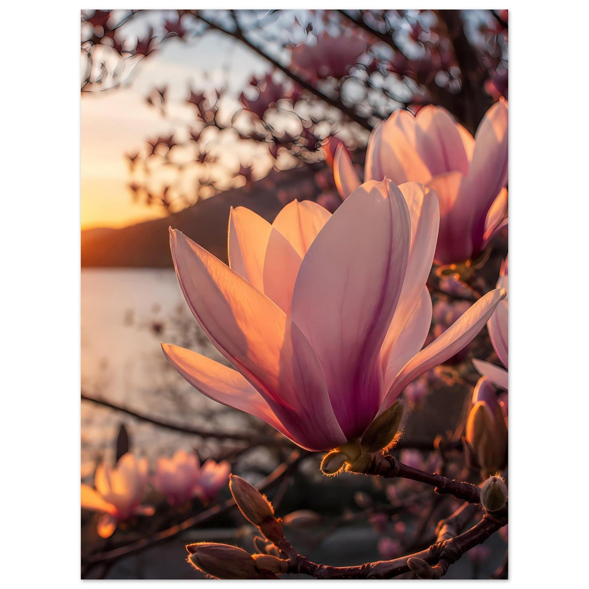 Magnolienblüten-Poster mit rosa und orangefarbenen Blüten an dunklem Ast