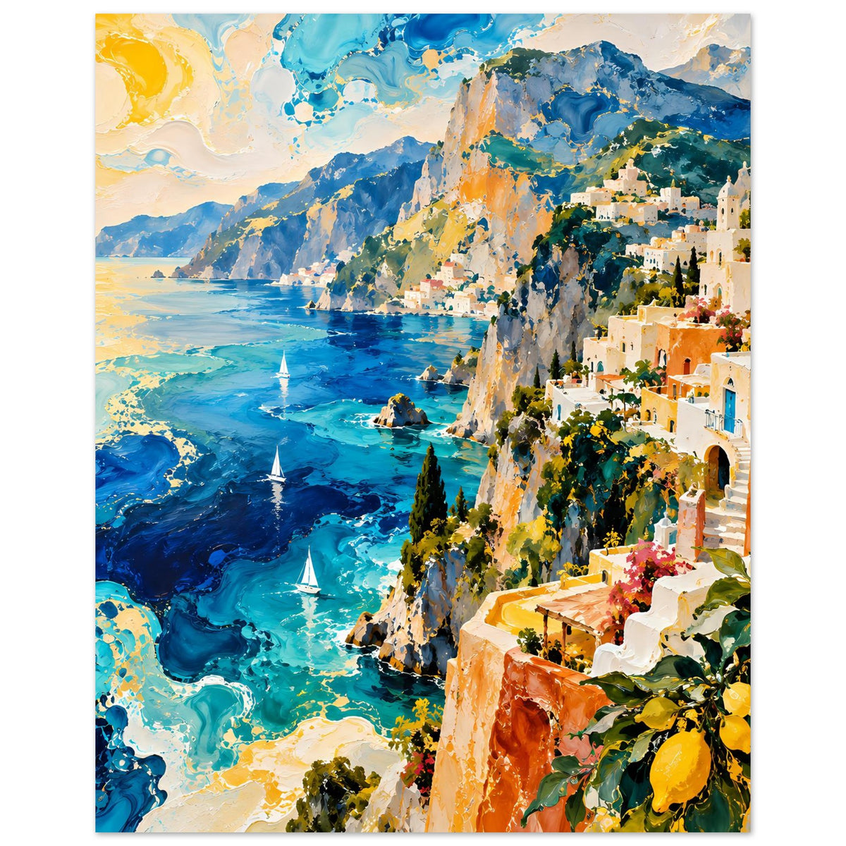 Vertikales Poster mit türkisblauem Meer, weißen Segelbooten und Küstenhäusern in Orange und Gelb