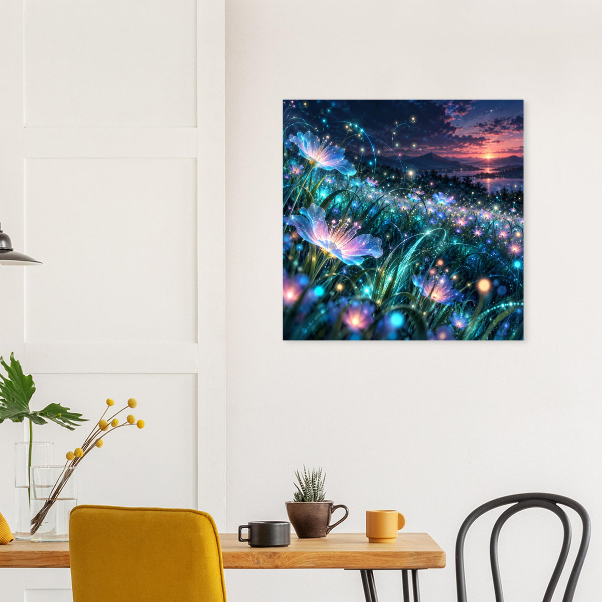 Quadratisches Blumen-Glow-Poster, leuchtende türkisfarbene Blüten und bunte Lichtpunkte