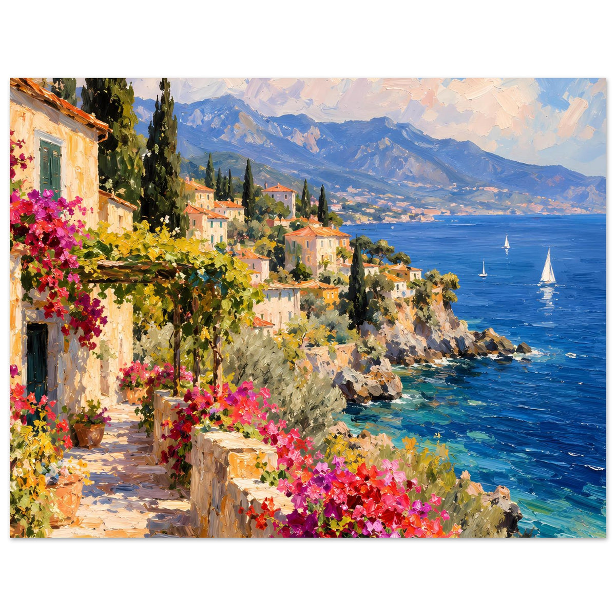 Wandposter mit mediterranem Küstenmotiv: Weg am Haus, Blumen, blaues Meer und Berge.