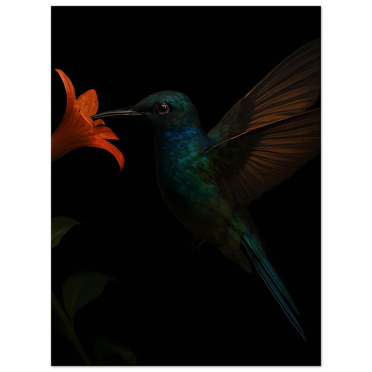 Vertikaler Kunstdruck: Kolibri mit orangefarbener Lilie, Flügel ausgebreitet