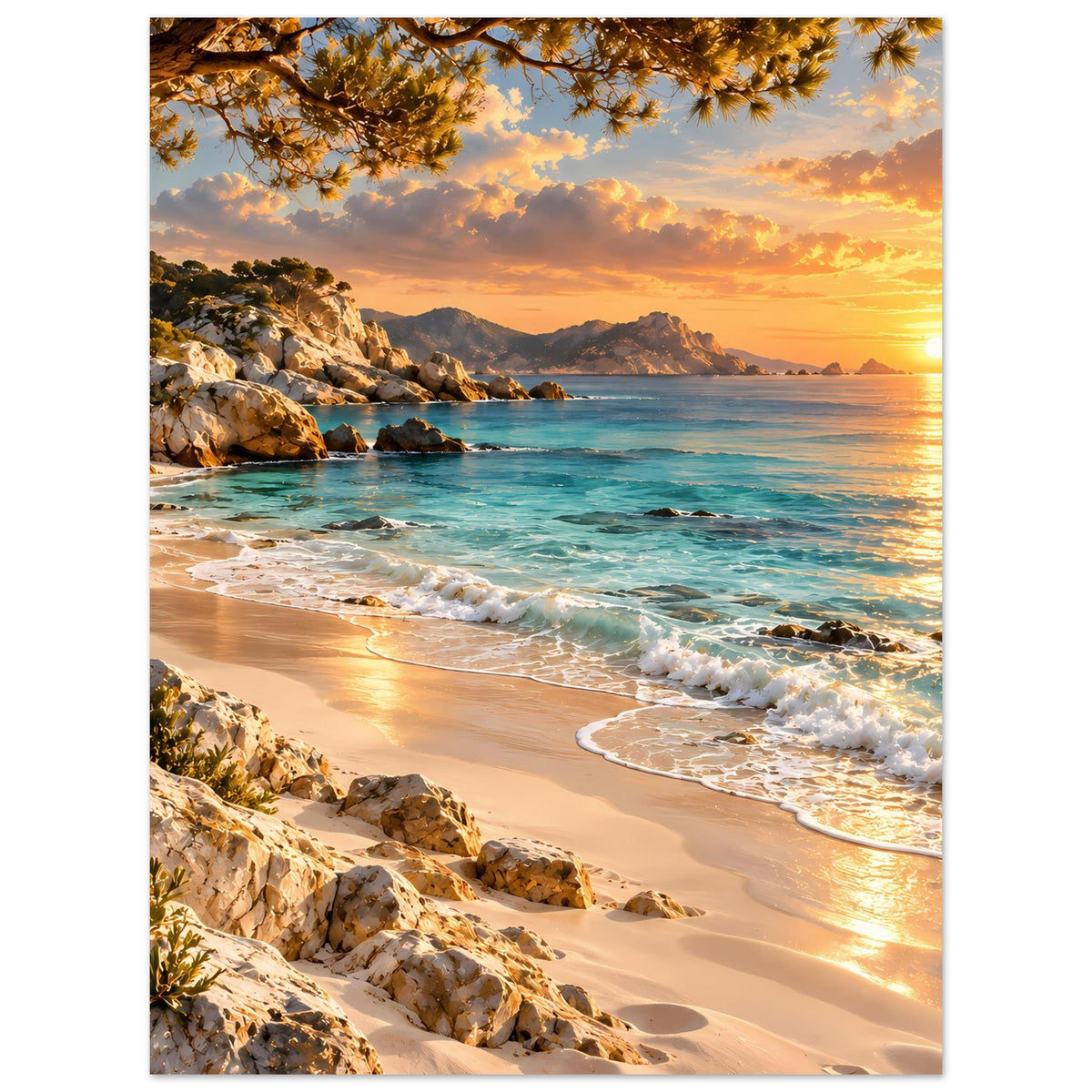 Strandlandschafts-Poster mit Sonnenuntergang, Küstenfelsen, türkisfarbenem Meer und Sandstrand