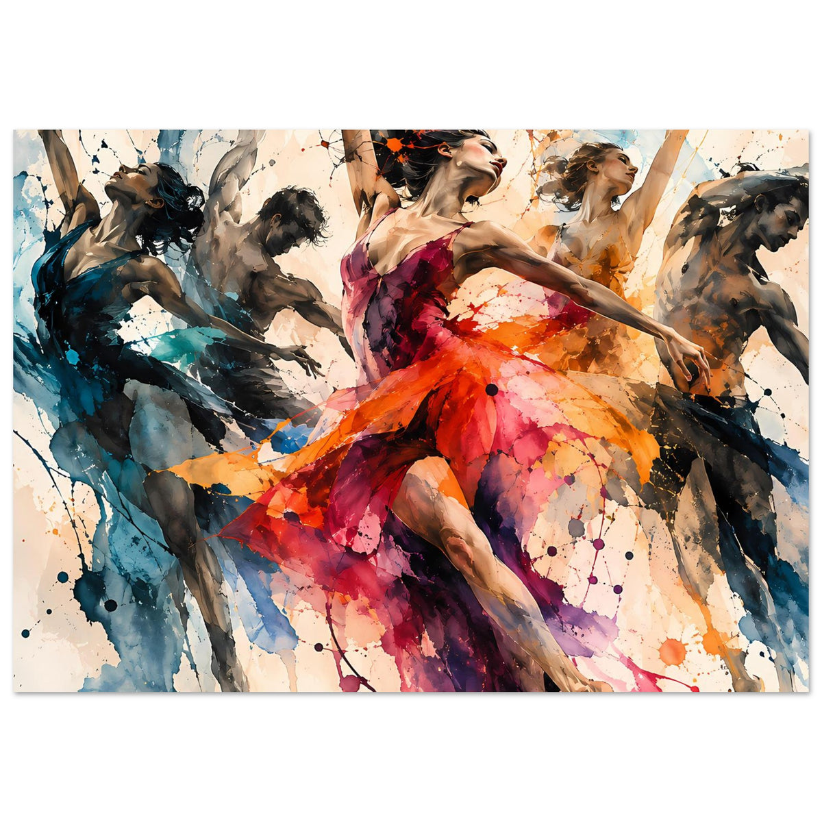 Horizontales Tanzkunst-Poster mit Balletttänzerinnen im bunten Aquarellstil