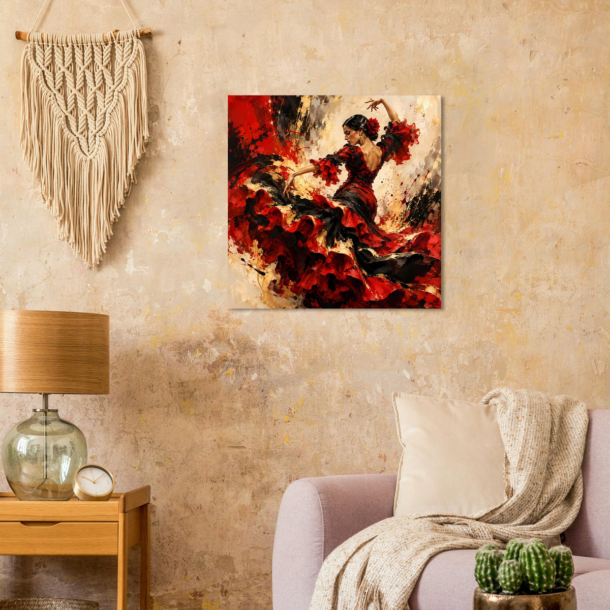 Quadratisches Poster: Flamenco-Tänzerin in Rot-Schwarz, gestikreiche Darstellung