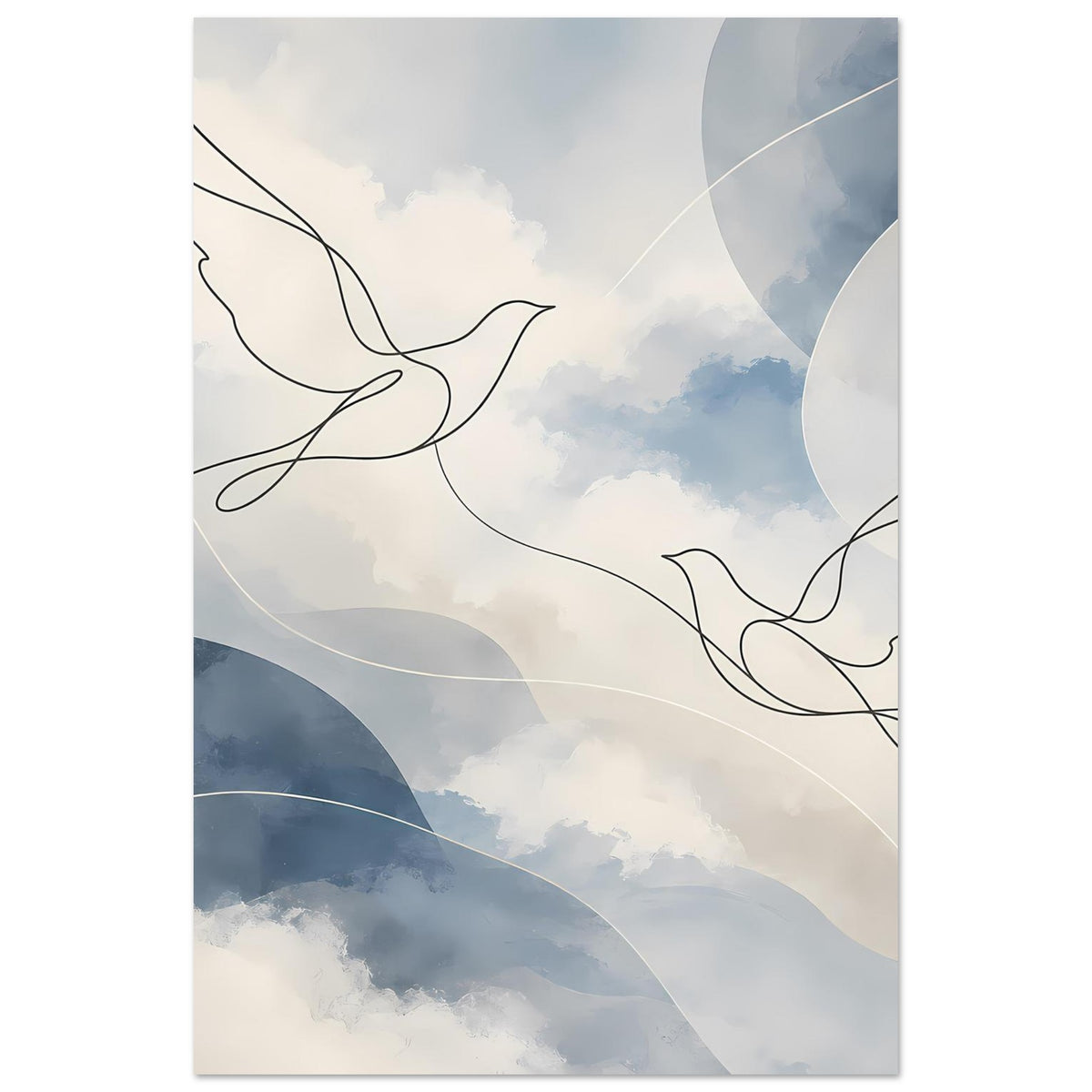 Kunstdruck im Hochformat mit Taubenlinien, Blau-Grau-Wolken und zarten Kreislinien