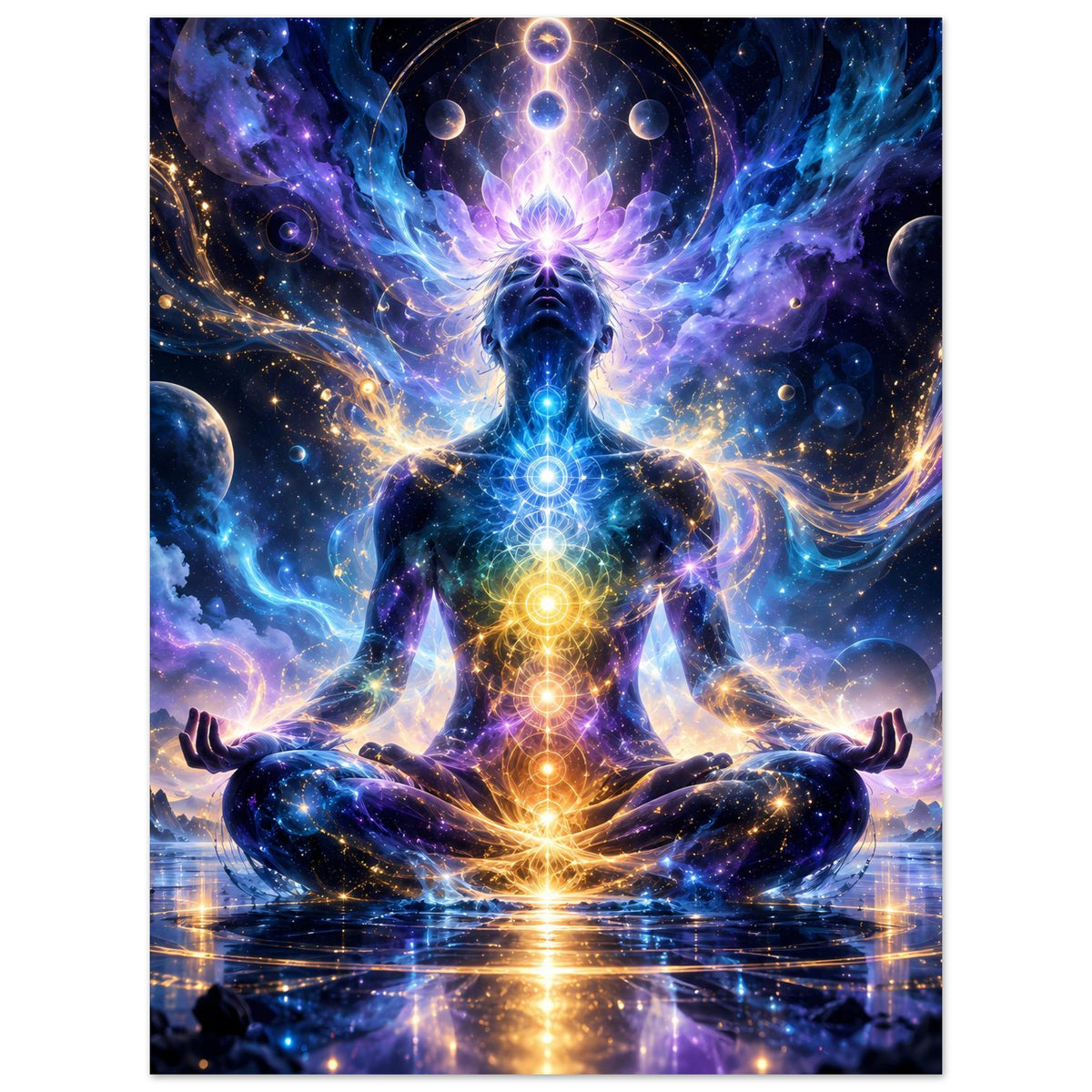 Spirituelles Poster im Hochformat mit sitzender Figur im Lotussitz, gelb-blaue Chakren strahlen