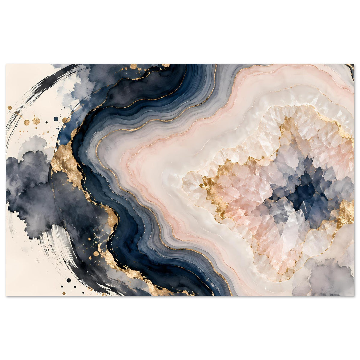 Abstraktes Geoden-Poster, horizontal, in Rosé, Blau und Gold