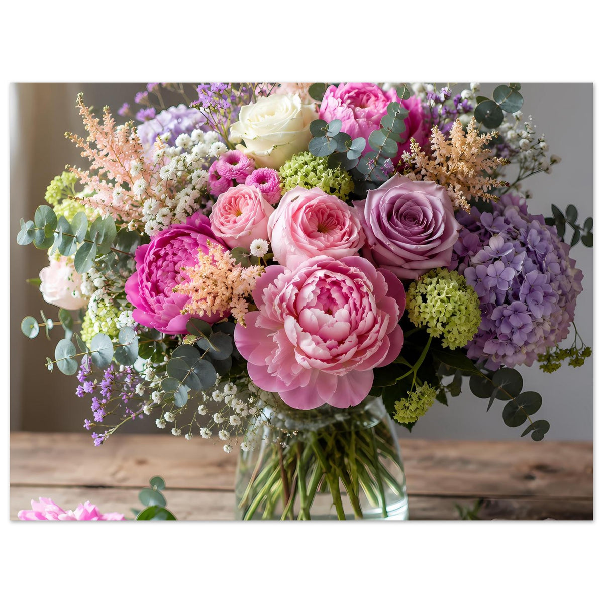 Blumenposter mit großem Blumenstrauß in Vase, viele Detailblüten in Pastelltonen