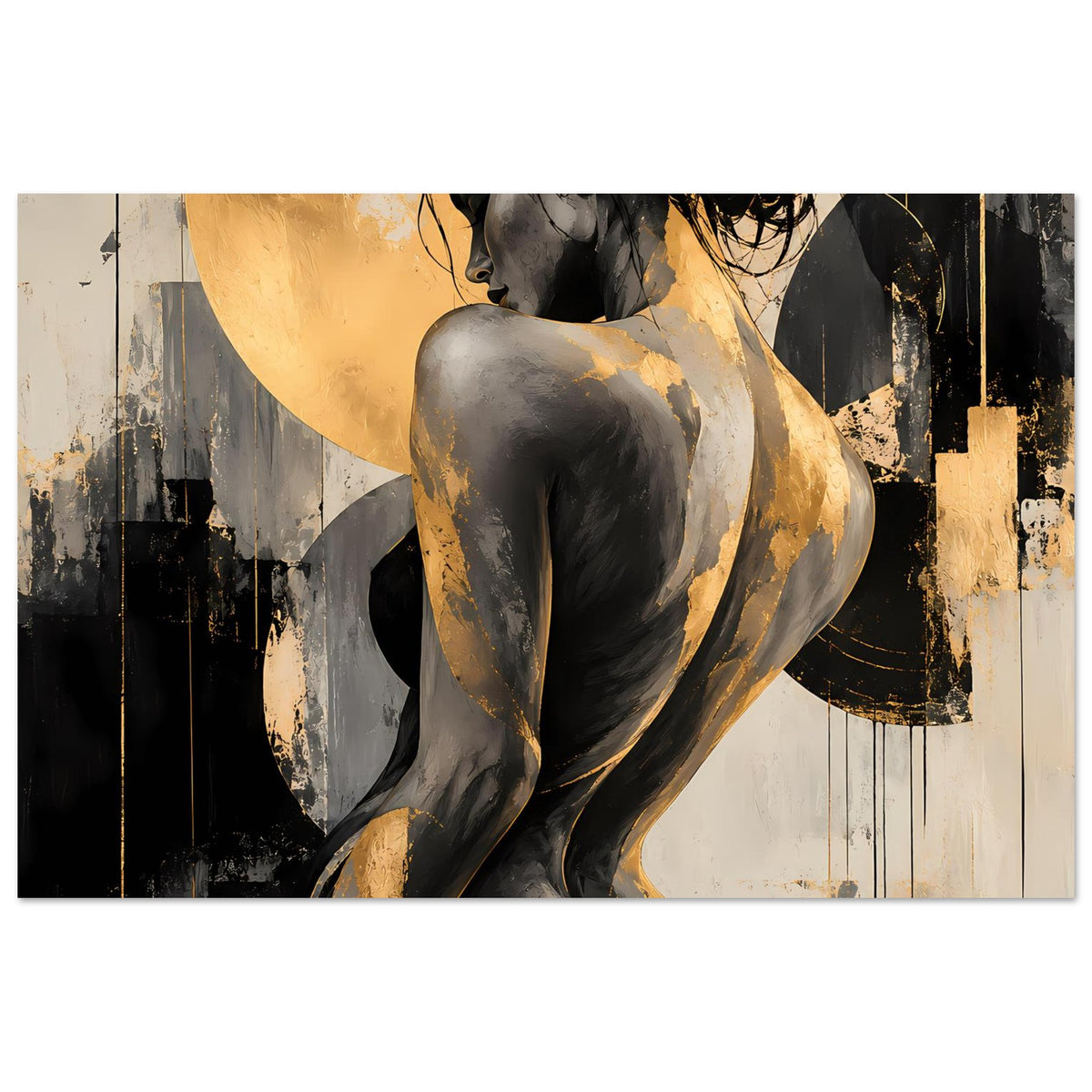 Abstraktes Poster mit Aktfigur in Schwarz-Gold, Querformat