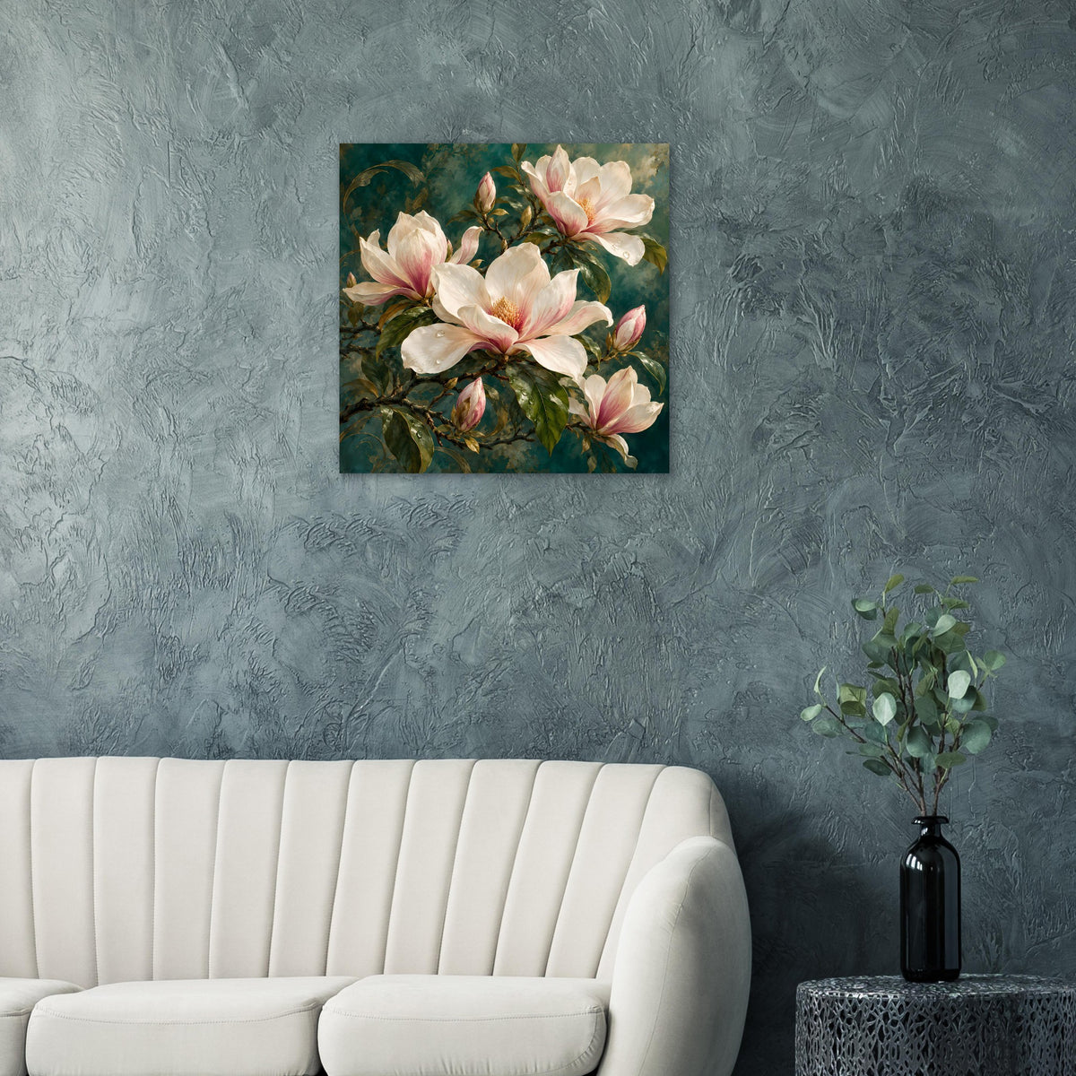 Quadratisches Poster mit blassrosa und cremefarbenen Magnolien auf dunklem Laub