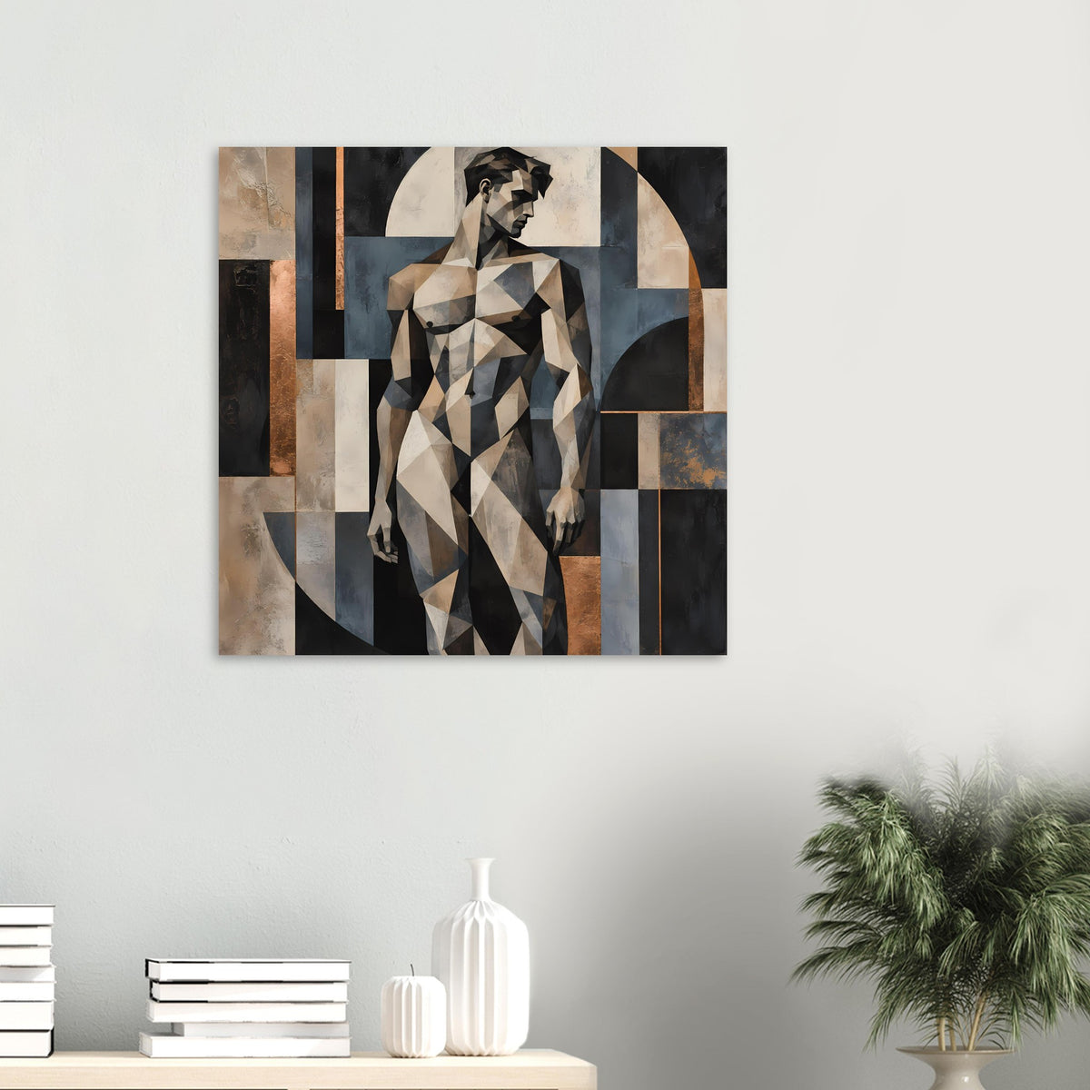 Kunstposter mit geometrischer Aktfigur, Profilansicht, Dreiecksflächen in Beige, Schwarz und Blau.