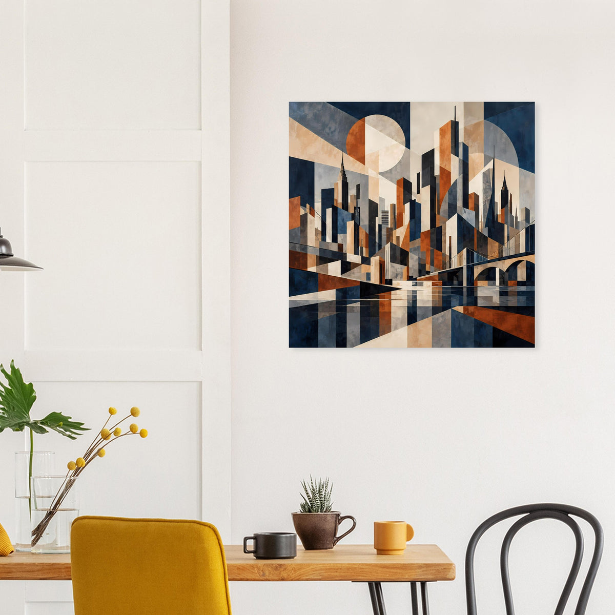 Rechteckiges Poster mit geometrischer Stadtsilhouette, Kreisornamenten und Rostrot