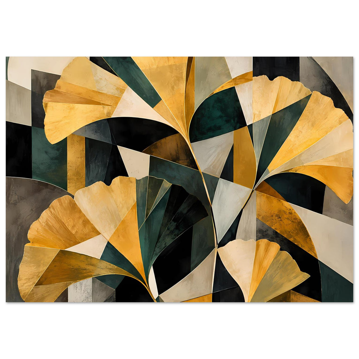 Abstraktes Blumenposter, breiter Zuschnitt: goldene Blüten, dunkle Grünflächen, schwarze Bögen