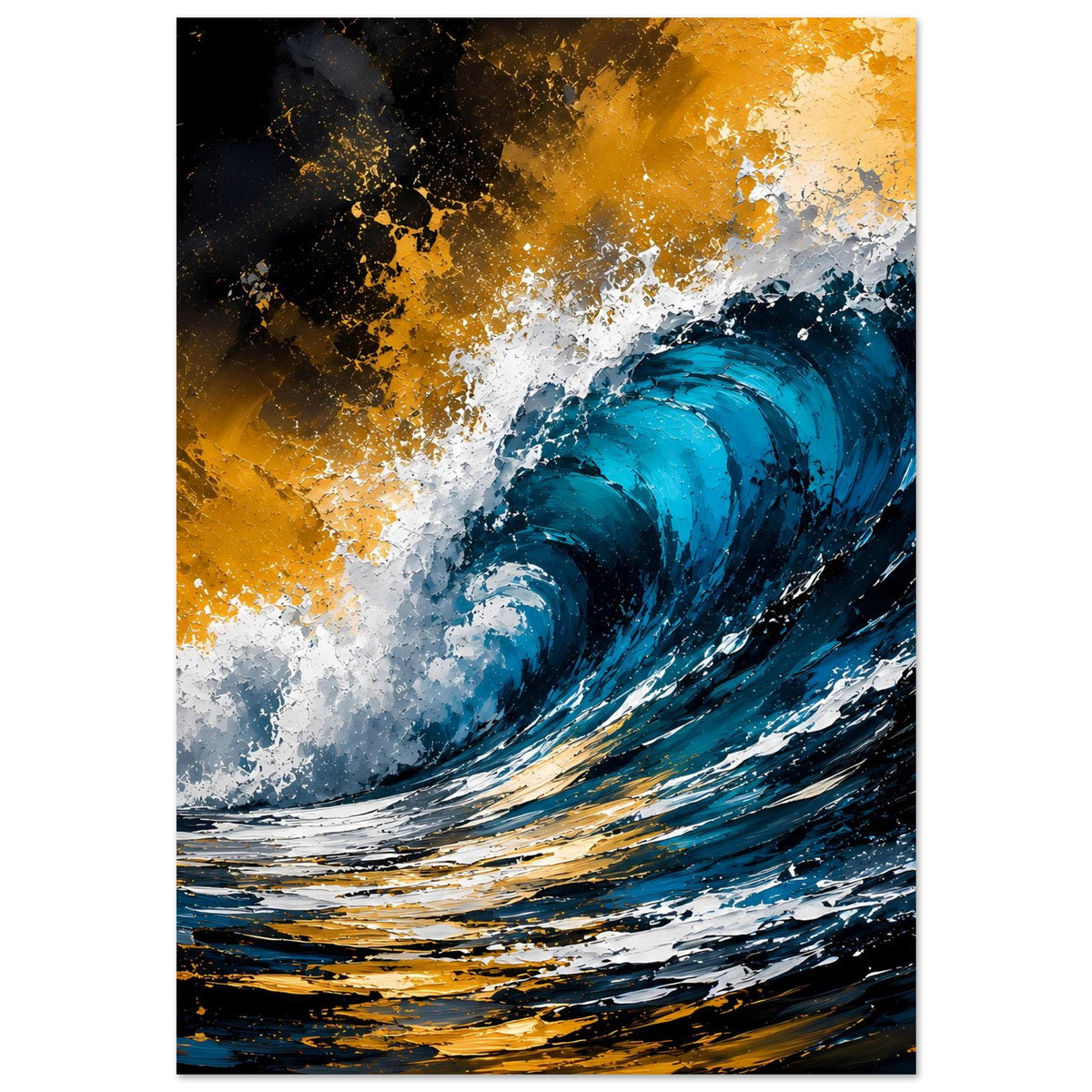 Vertikales Wellenposter mit dynamischer blauer Welle, weißem Schaum und goldener Farbmasse