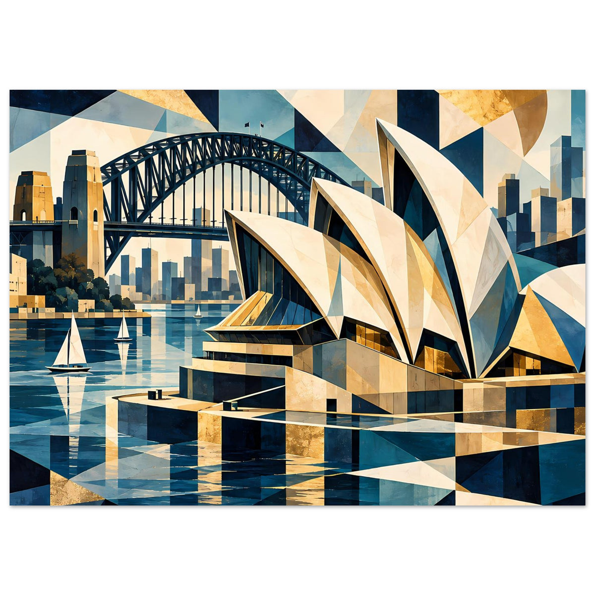 Kunstdruck mit geometrischem Sydney-Hafen: Segelboote, Harbour Bridge und blaue Paletten