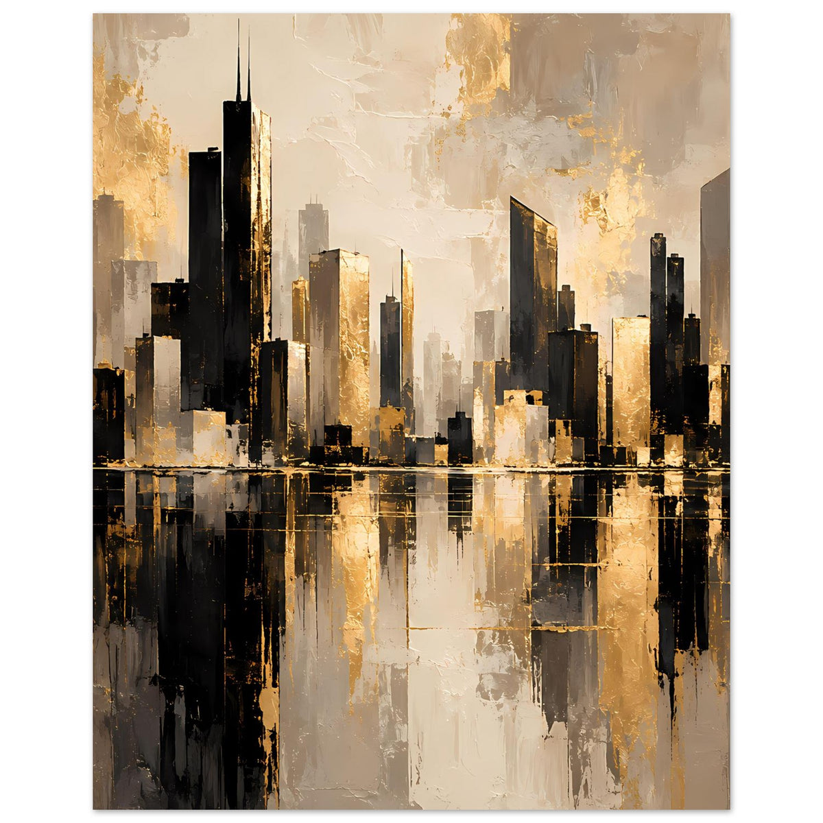 Cityscape-Poster im Hochformat: goldene Lichtakzente, dunkle Hochhäuser und Spiegelung