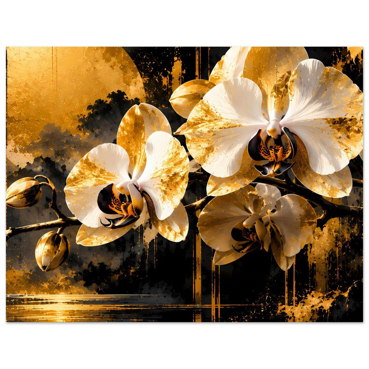 Horizontales Blumenposter mit goldenen und weißen Orchideenblüten, dunkler Hintergrund mit Sprenkeln
