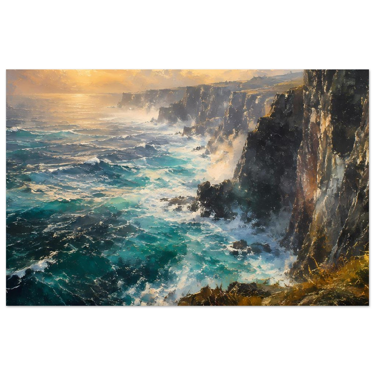 Poster Wilde Klippenküste: türkisfarbene Wellen vor hohen Felswänden, goldene Abendsonne