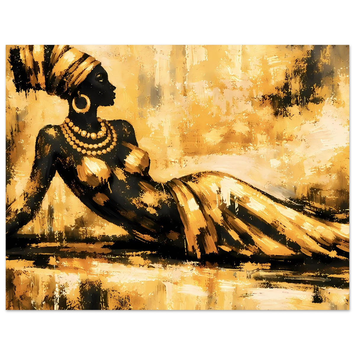 Kunstposter: goldene sitzende Frau als schwarze Silhouette mit Perlenkette im Querformat