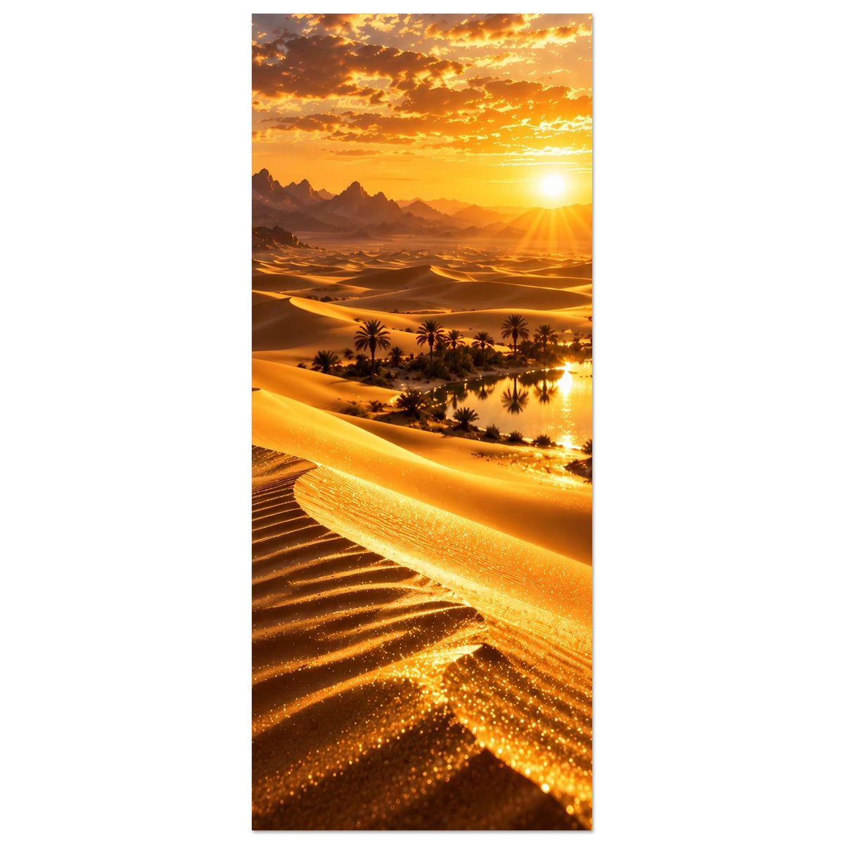 Vertikales Poster mit Sanddünen, Palmen an der Oase und goldener Abendsonne