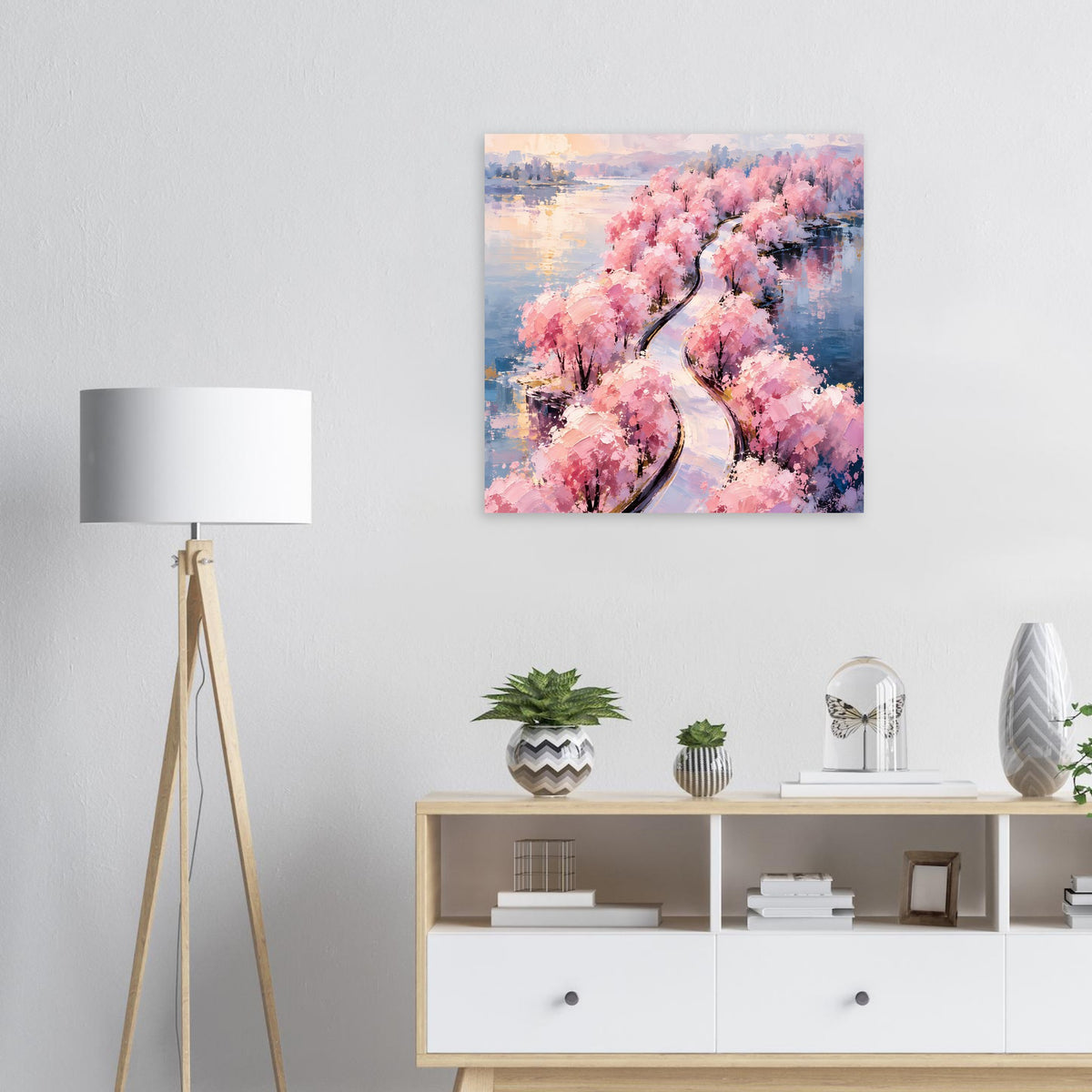 Quadratisches Wandposter mit pastelligen rosa Blütenbäumen und dunkler geschwungener Linie