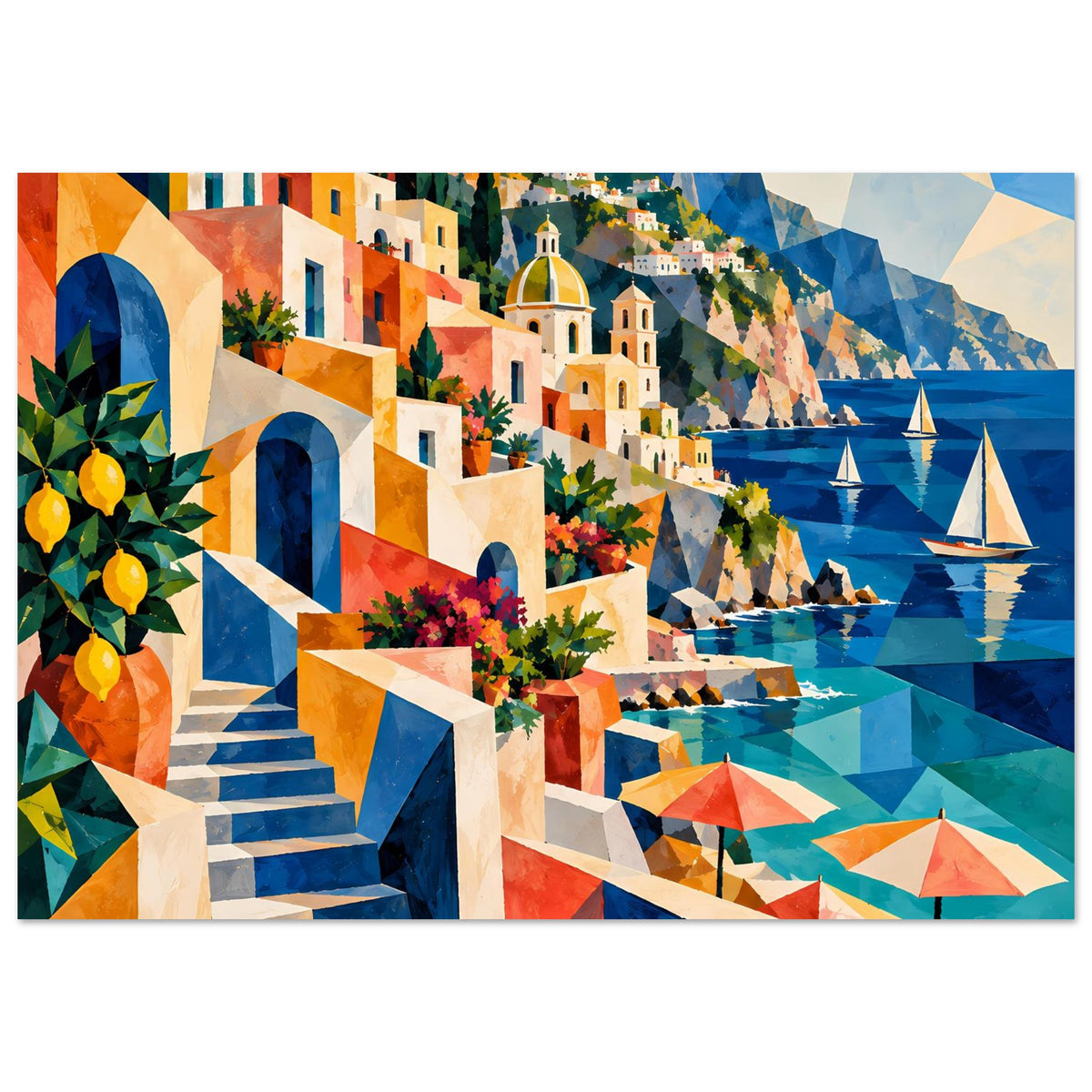 Mediterranes Küstenkunstposter querformat, Treppe, Blumenampel und Meerblick