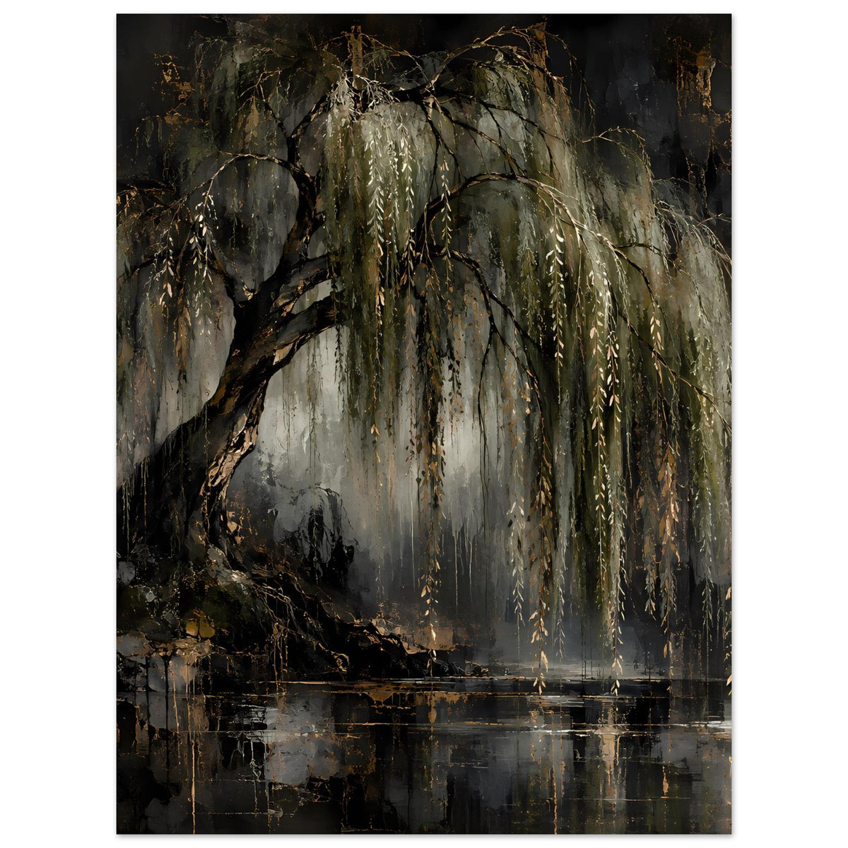 Naturposter mit Trauerweide am Wasser: goldene Hängezweige und Spiegelung in dunklem Nass