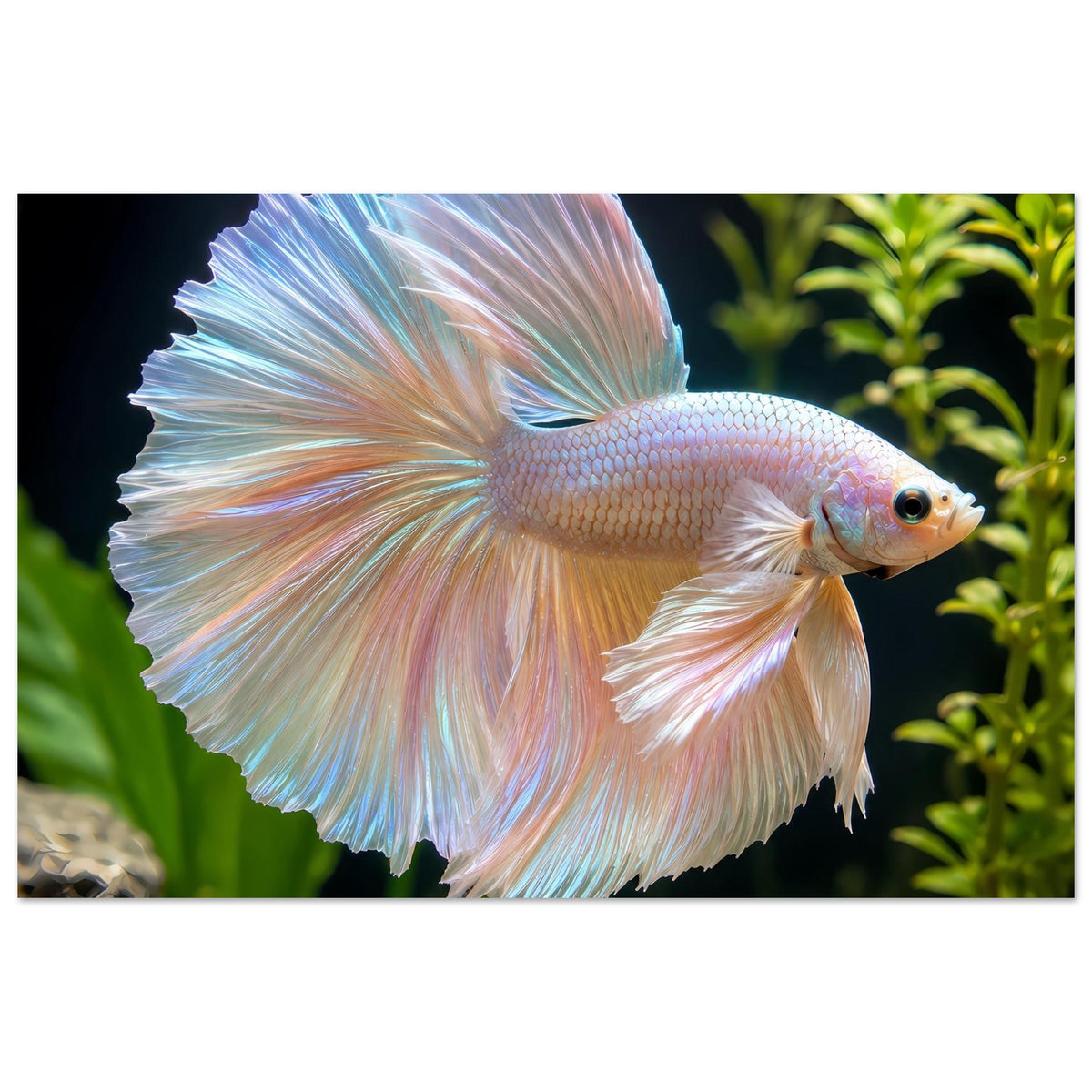 Poster mit Betta-Fischmotiv: schimmernde Flossen in Weiß mit blauen und rosafarbenen Akzenten