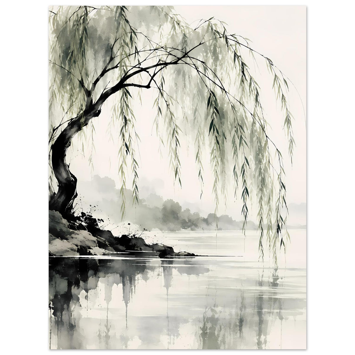 Naturposter mit Weidenbaum: hängende Zweige über ruhigem Wasser, in Grau-Grün gehalten