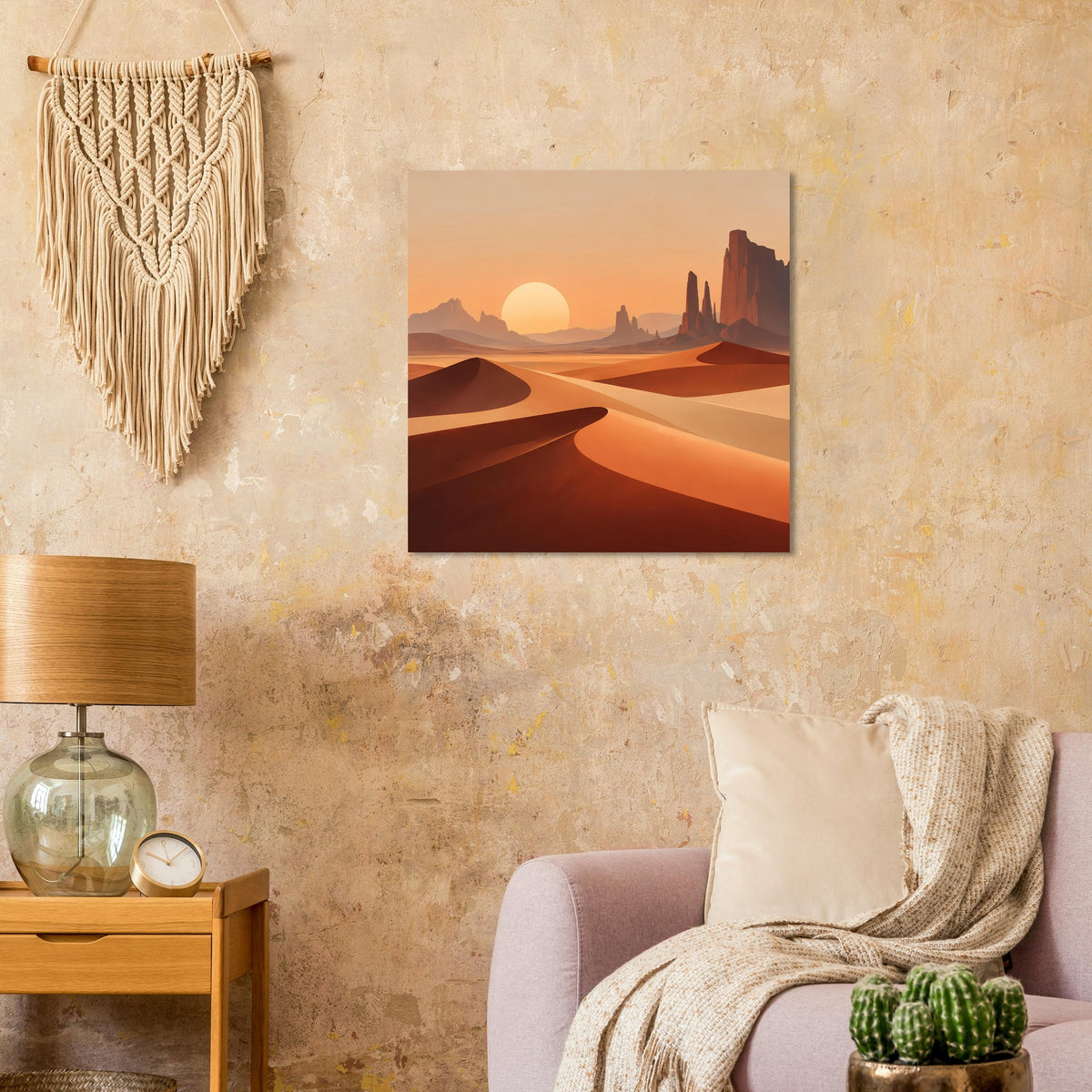 Quadratisches Wüsten-Poster im Orange-Sand-Ton mit untergehender Sonne und Felsformation